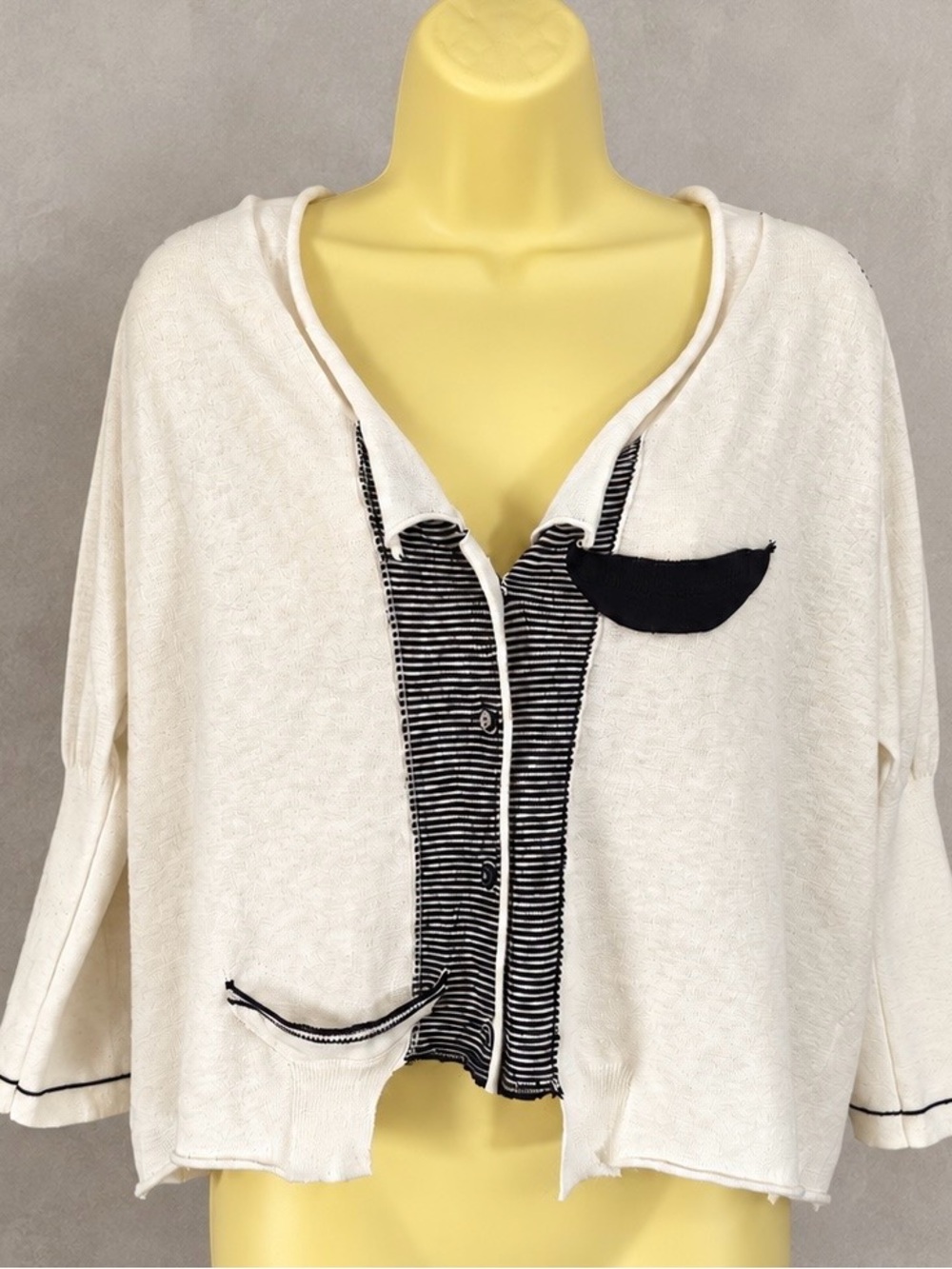 Zaket & Plover Cardigan Oversized Crop Knit Off White Black Stripe XL